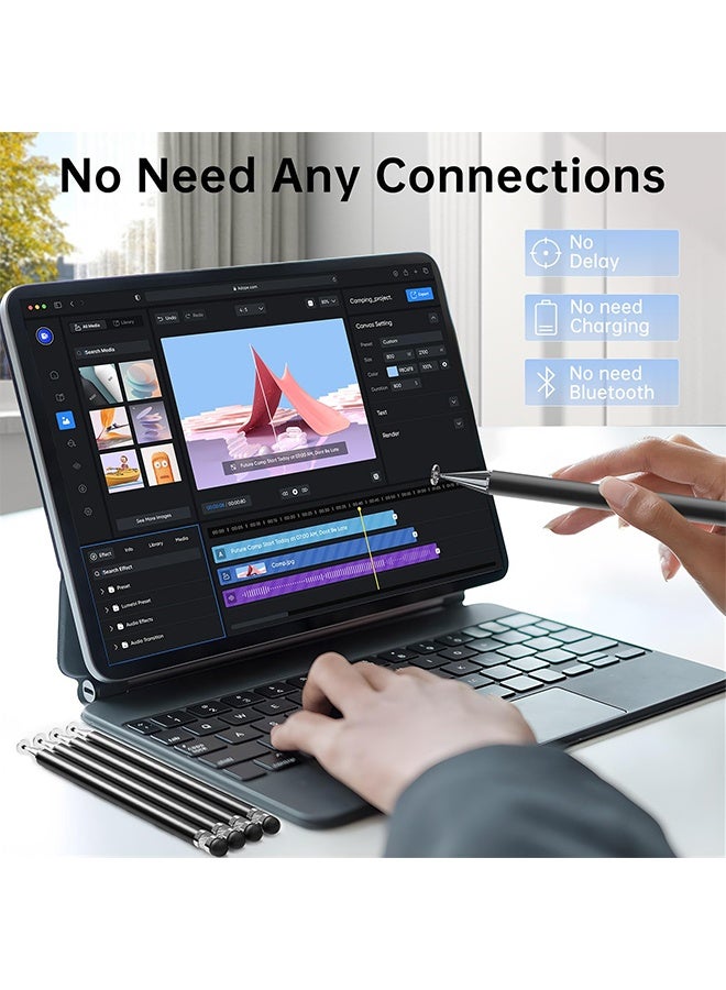 تِلْسِل قلم لمس (5 قطع)، قلم لمس 2 في 1 لشاشة اللمس، دقة وحساسية عاليتان، مناسب لأجهزة iPhone/iPad/أجهزة Android اللوحية، متوافق مع جميع شاشات اللمس (أسود) - Image 4